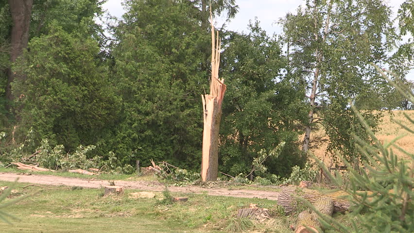 Teviodale Ontario EF-2 Tornado damage and destruction scene with homes trees and crops demolished.