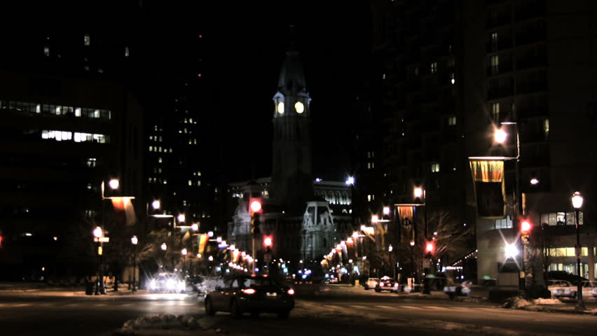 View of center city philadelphia from the art museum at night. Time lapse