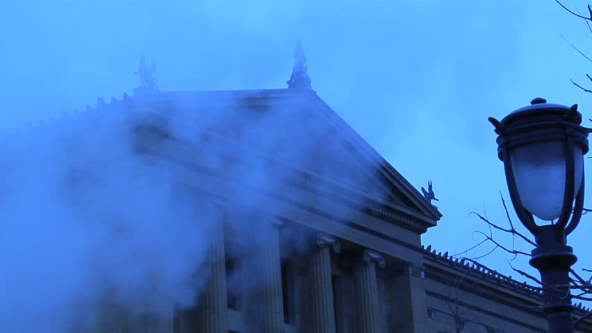 Steam covering the exterior of the Philadelphia Art Museum