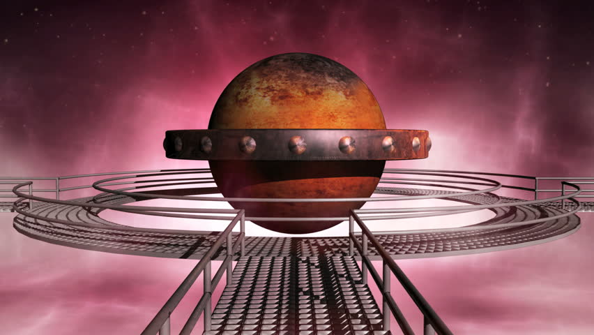 Rotating energy core with rings in a futuristic scene. The camera zooms to the