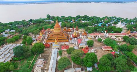 BAGAN,BURMA - CIRCA July 2015 :4k aerial towards Shwe Zi gone Pagoda