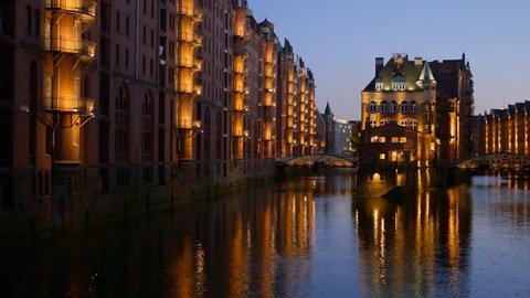 Part of the old Speicherstadt in Hamburg, Germany. Illuminated at night