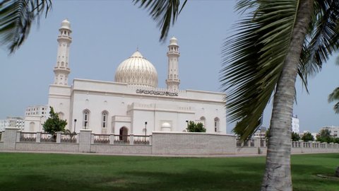 A static shot of a white mosque in Salalah, Oman with branches of date trees blowing in the wind