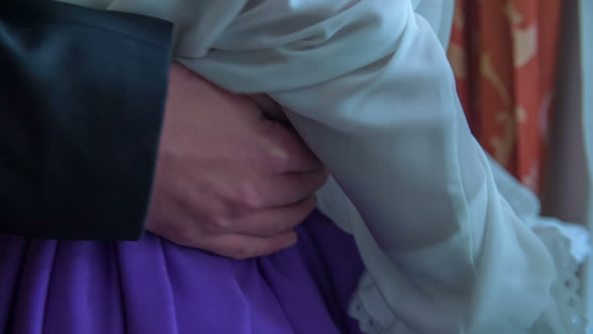 Man goes with a hand over the lady hips and and then goes away in the vintage room, historic close up footage. | Shutterstock HD Video #11153960