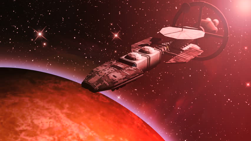 Animation of a futuristic spaceship flying over a red planet.