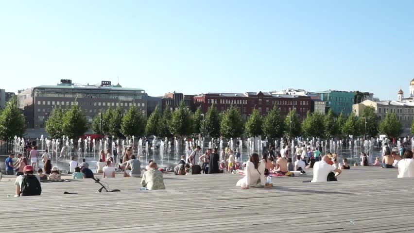 Unusual fountains. Hot summer day at the fountain.