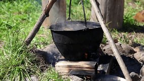 Preparing food in pot over the fire