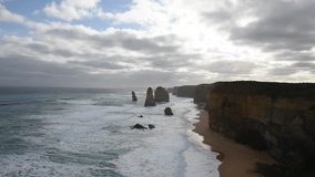Footage, Helicopter Flying over Twelve Apostles on Great Ocean Road, Port Campbell national park, Victoria, Australia.