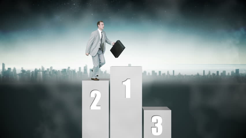 Businessman jumping on first step with city on background in slow motion
