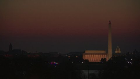 Sunrise over Washington D.C. with the Lincoln Memorial, Washington Monument and Capitol Building Stock Video