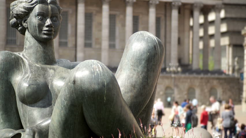 Victoria Square, Birmingham. Floozy statue.
Detail of the Floozy statue with Birmingham Town Hall in the background.