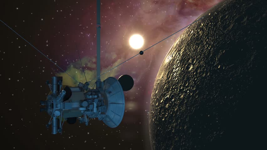Satellite spacecraft similar with the unmanned Cassini Huygens Saturn orbiter, passing a moon-like planet. 