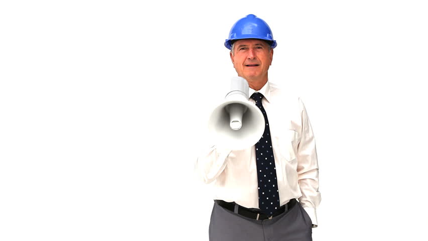 An mature architect shouting through a loudspeaker against a white background