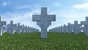 4K Animation of Crosses in Cemetery Memorial on Green Field with Clouds. HQ Ultra HD Video Clip 3840x2160