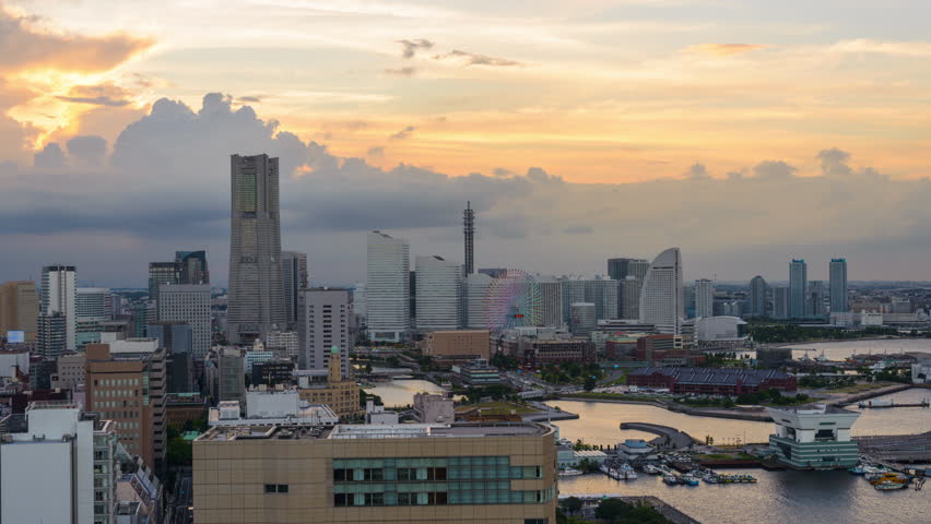 Yokohama, Japan skyline time lapse of the Minato Mirai district.