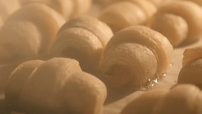 Dough rolls baking in the oven close-up tilt 4K 2160p 30fps UltraHD footage - Slow tilting on crescent roll pastry bake 4K 3840X2160 UHD video