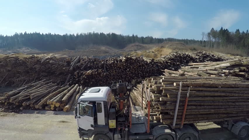 Man climbing out of the truck and going to work with mechanical arm to move the logs from the truck, footage taken with helicopter camera.