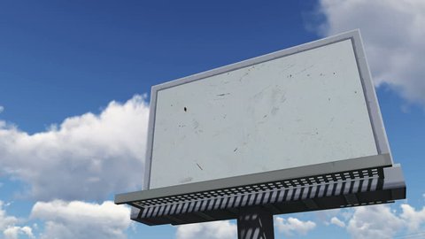 Look up at the blank cartoon billboard on the blue cloudy sky background. Decorative three dimensional animation.