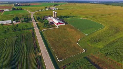 American Heartland; Scenic Rural Midwest Flyover, Landscape With Farms, Silos.
