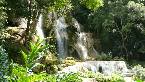 Facade of Kuang Si waterfall (sometimes spelled Kuang Xi) or known as Tat Kuang Si Falls, South of Luang Prabang, Laos.