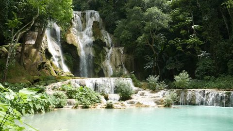 Facade of Kuang Si waterfall (sometimes spelled Kuang Xi) or known as Tat Kuang Si Falls, South of Luang Prabang, Laos.
