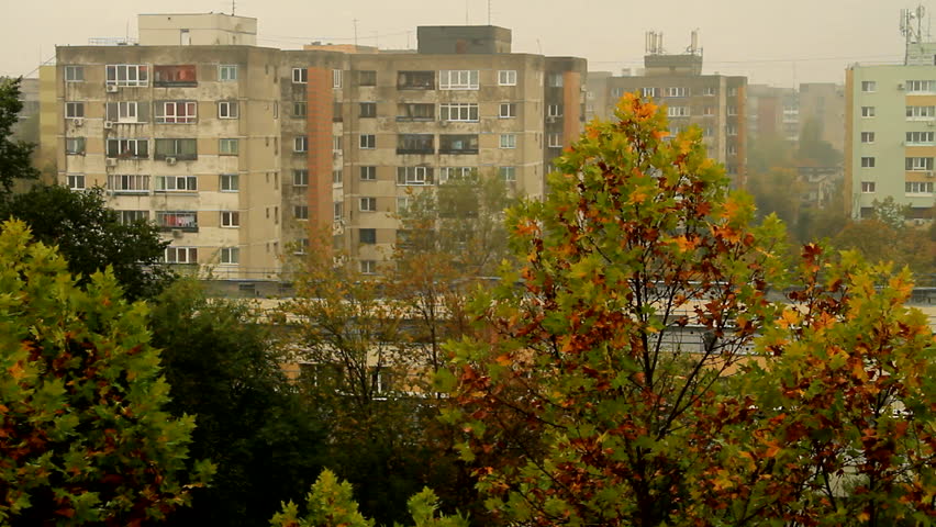 Dark And Wet Autumn Day In The City, Rainy And Windy, Late October, Aerial View