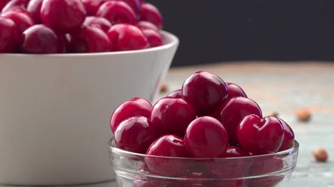 Sweet Cherries in Bowl on Rustic Table, Ripe Fresh Fruit as Diet Concept, 1920x1080, 1080p full hd footage