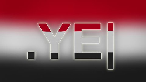 YE - internet domain of Yemen. Typing top-level domain “.YE” against blurred waving national flag of Yemen. Highly detailed fabric texture for 4K resolution.
