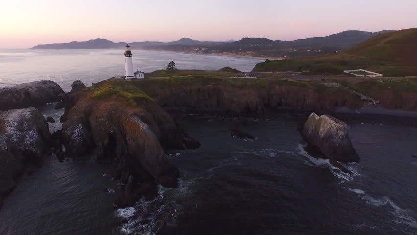 Aerial view of Yaquina Bay Lighthouse at sunset, Newport, Oregon