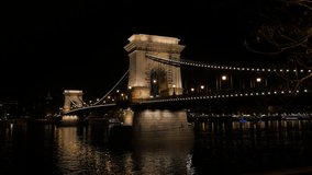Night Szechenyi Chain Bridge in Budapest Hungary over river Danube 4K 2160p UltraHD footage -  Chain Bridge located in Hungarian capital of Budapest lighted by night 4K 3840X2160 30fps UHD video