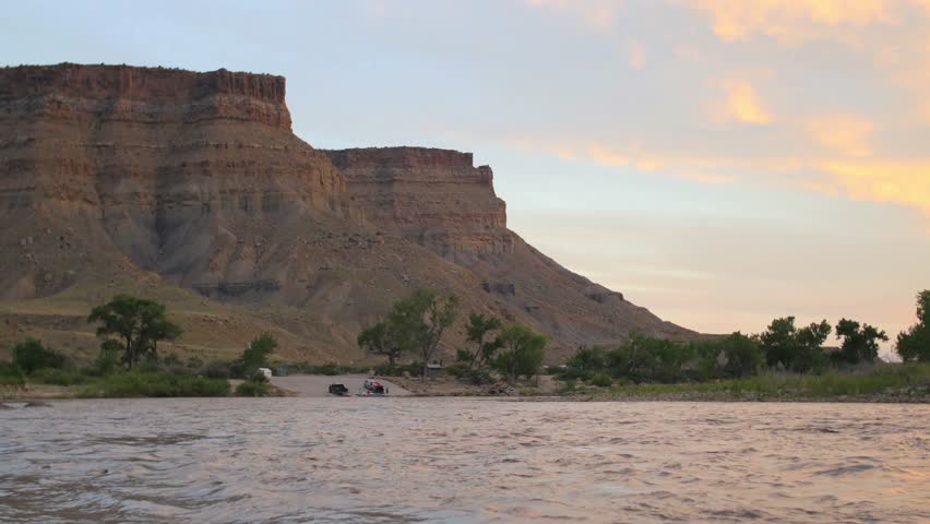 Rafts sit on a boat ramp along the beautiful Green River in southeastern Utah.