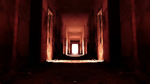 Descend to hell,horror concept,red glowing scary building interior motion.Hd motion control timelapse inside a long scary abandoned corridor with morphing and zoom in effect.