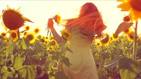 Beauty girl running on yellow sunflower field, raising hands. Freedom concept. Happy woman outdoors. Harvest. Sunflowers field in sunset. Slow motion 240 fps. Slowmo. 1080p full HD video footage