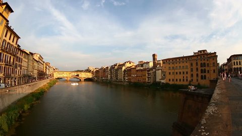 Florence Italy July 2015, Pan Shot Ponte Vecchio Bridge on Arno River at Florence Tuscany Italy