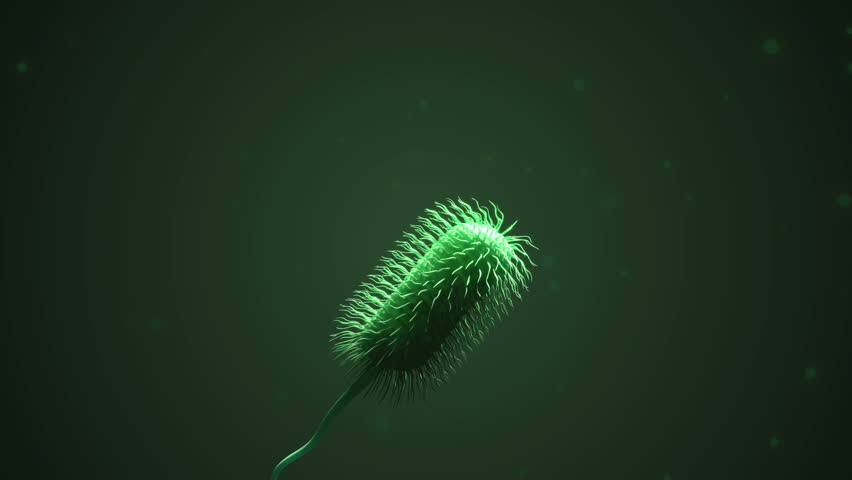 CGI animation showing two prokaryote bacteria with a flagellum 