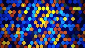 Abstract background with animation of blinking and slow moving colorful hexagons. Technologic backdrop. Seamless loop.