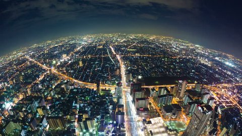 4k timelapse video of Osaka in Japan at night, fisheye aerial view