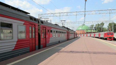 MOSCOW - CIRCA 2015 Train on Leningradsky railway station and passengers-- is one of the nine main railway stations of Moscow, Russia