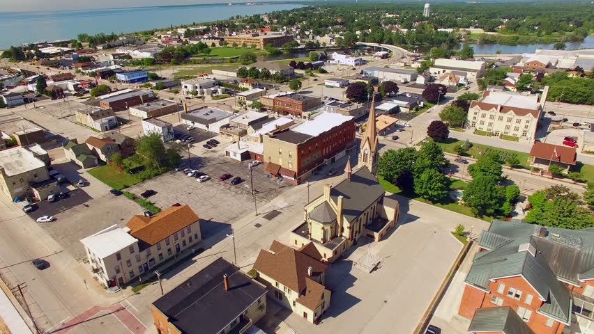 Two Rivers, Wisconsin, Scenic River Aerial Flyby.