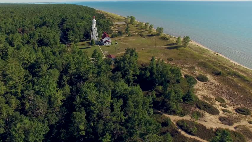 Scenic, Majestic Lighthouse at Rawley Point, Point Beach, Two Rivers, Wisconsin; Aerial View.