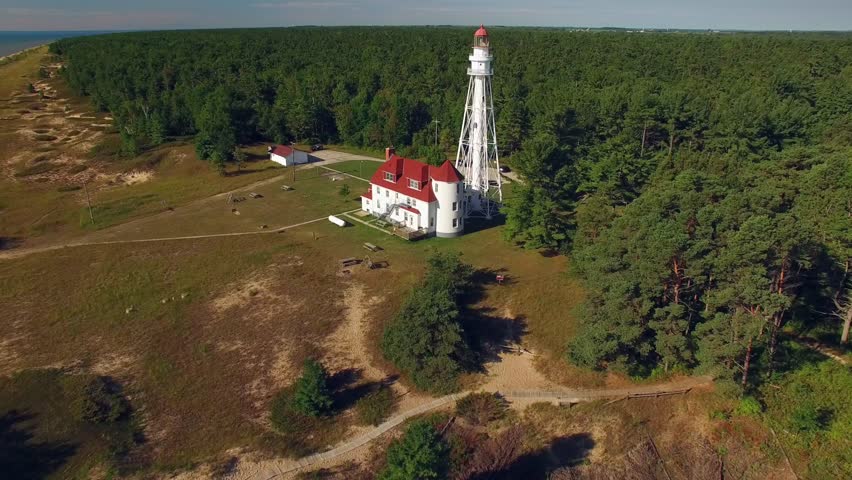 Scenic, Majestic Lighthouse at Rawley Point, Point Beach, Two Rivers, Wisconsin; Aerial View.