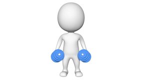 3D man lifting hand weights animation. Man working his arms with dumbbells and rotate on white background. Full HD seamless looping video clip with alpha matte