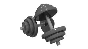 Dumbbells animation. Weights rotate on white background and on green screen. Full HD seamless looping video clip with alpha matte