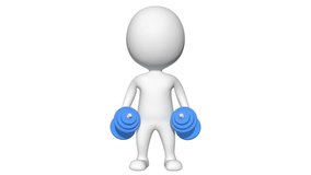 3D man lifting hand weights animation. Man working his arms with dumbbells on white background and on green screen. Full HD seamless looping video clip with alpha matte