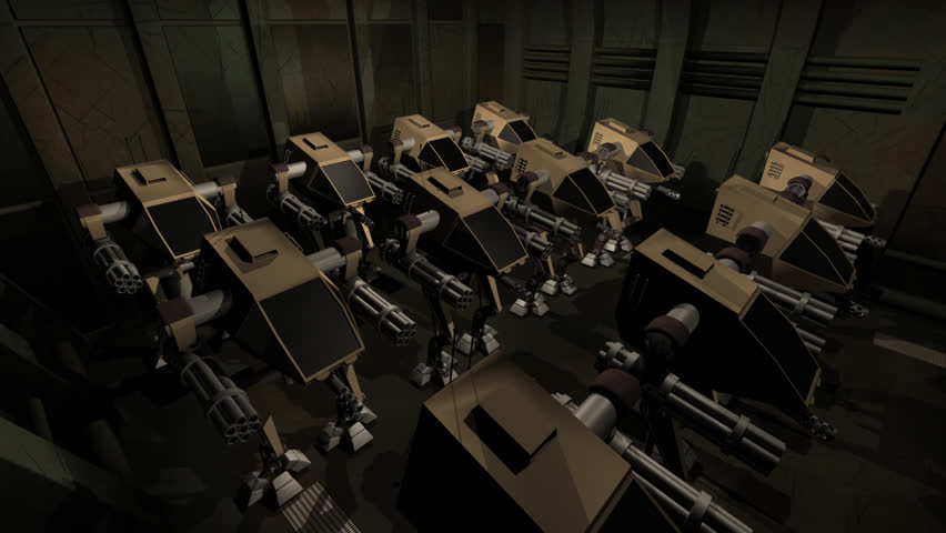 Army of robots in futuristic scene
