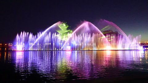 VINNITSA, UKRAINE - AUGUST 18, 2015 : Musical dancing floating fountain .
Largest Floating musical fountain in Ukraine and Europe. Show with visual effects ,gala
celebration , colorful lights.