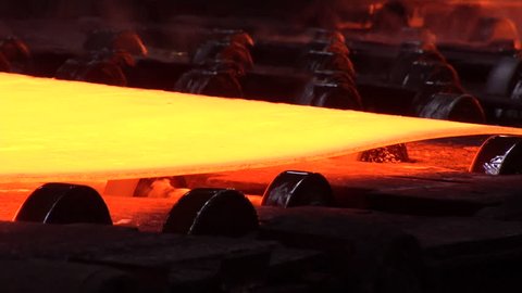 Rolled Metal, Red Hot Sheet on the Rollers, worker's hand with tool, making measurement of thickness of metal sheet, Donetsk Metallurgical Plant, Pouring of Liquid Metal, Ore, Metal Rolling