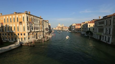 Venice Italy July 2015, Tracking Shot Time Lapse Sunset Time Traffic on the Grand Canal (Canale Grande) with Santa Maria della Salute at Venice Veneto Italy