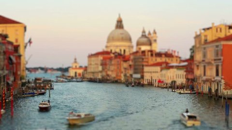 Venice Italy July 2015, Tracking Shot Time Lapse Sunset Time Traffic on the Grand Canal (Canale Grande) with Santa Maria della Salute at Venice Veneto Italy