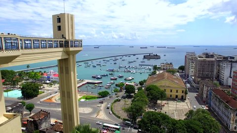 Aerial view of Lacerda Elevator and All Saints Bay (Baia de Todos os Santos) in Salvador, Bahia, Brazil. 